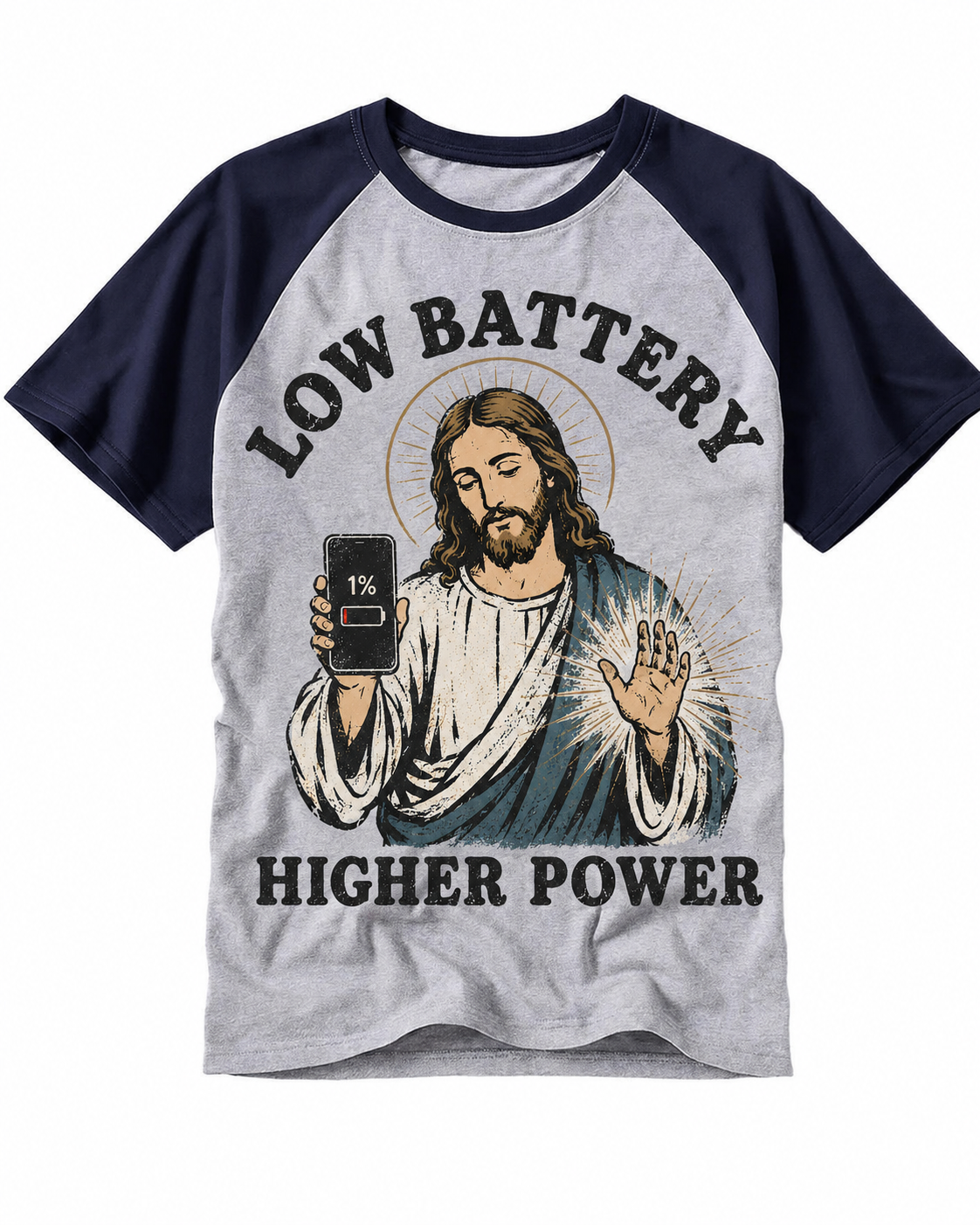Low Battery Higher Power Jesus Vintage Graphic Raglan Baseball T-Shirt