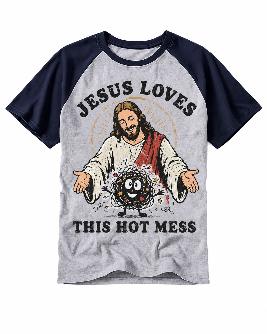 Jesus Love This Hot Mess Vintage Graphic Raglan Baseball T-Shirt