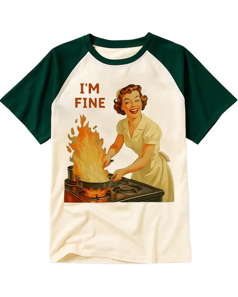 Vintage Retro Woman Cooking Chaos Printed Cotton Raglan Shirt