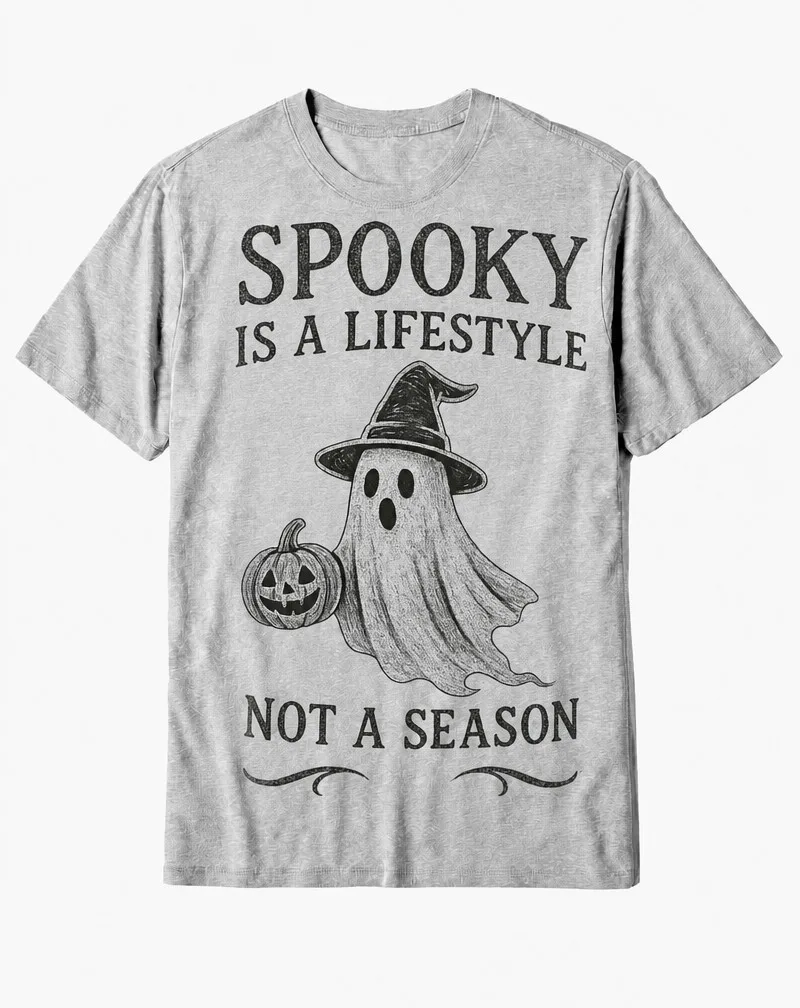 "Spooky Is a Lifestyle, Not a Season" Ghost Witch Hat Halloween Cotton Tee