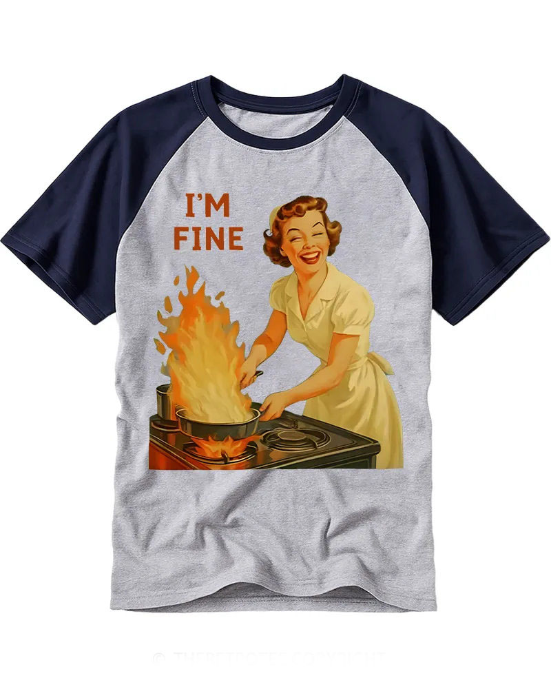 Vintage Retro Woman Cooking Chaos Printed Cotton Raglan Shirt