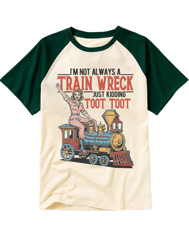 Colorful Vintage Steam Engine Cotton Raglan T-Shirt