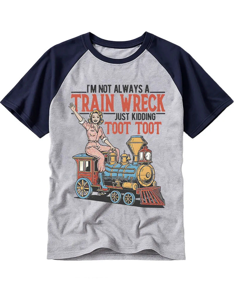 Colorful Vintage Steam Engine Cotton Raglan T-Shirt