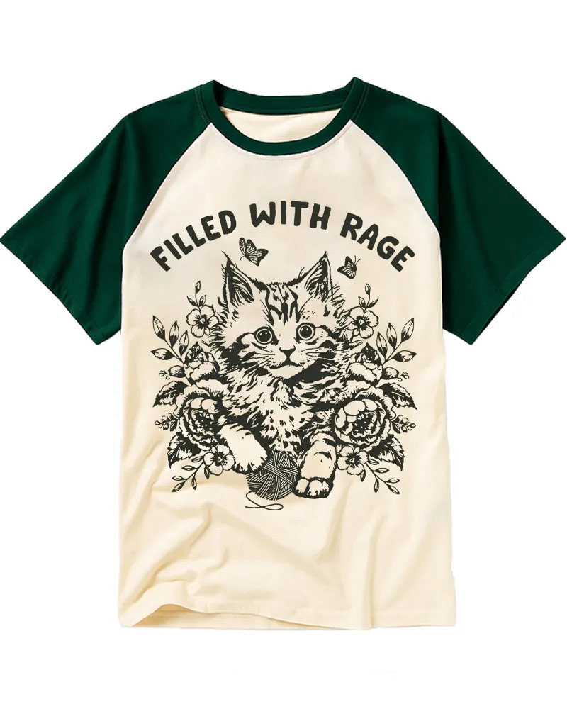 Retro Engraving Style Cat Botanical Raglan Tee
