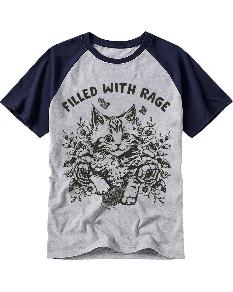 Retro Engraving Style Cat Botanical Raglan Tee