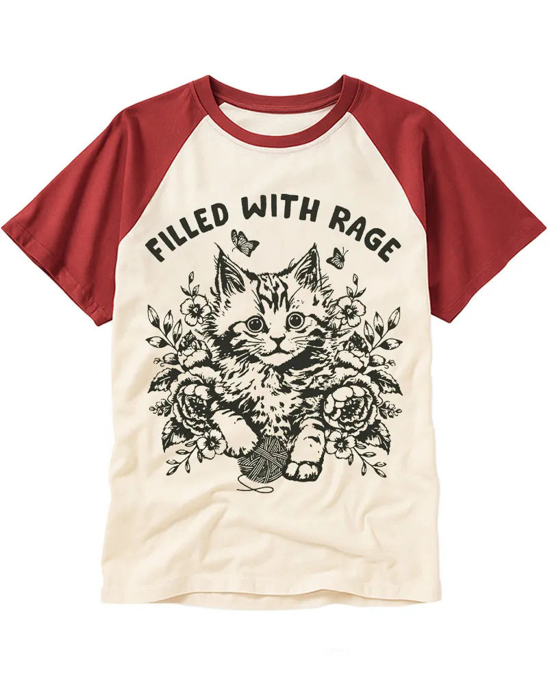 Retro Engraving Style Cat Botanical Raglan Tee
