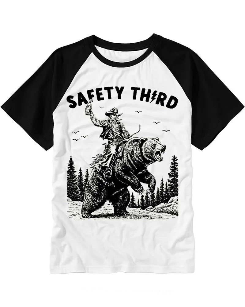 Vintage Funny Cowboy Riding Bear Graphic Cotton Raglan T-Shirt