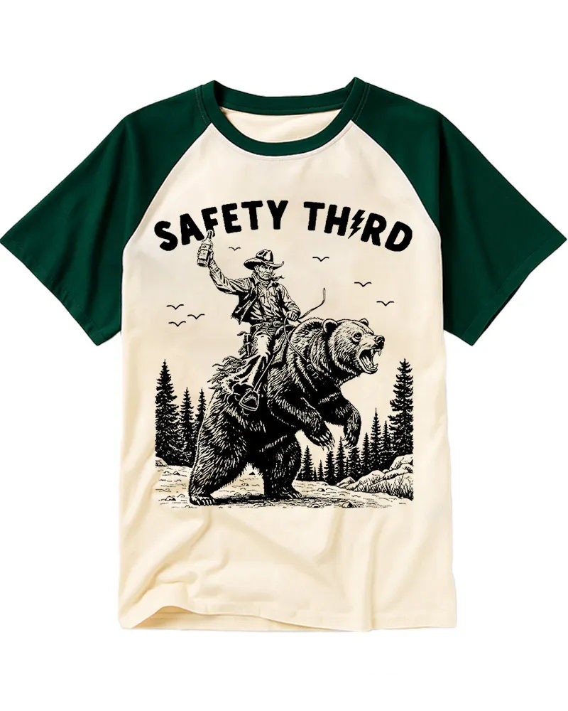 Vintage Funny Cowboy Riding Bear Graphic Cotton Raglan T-Shirt