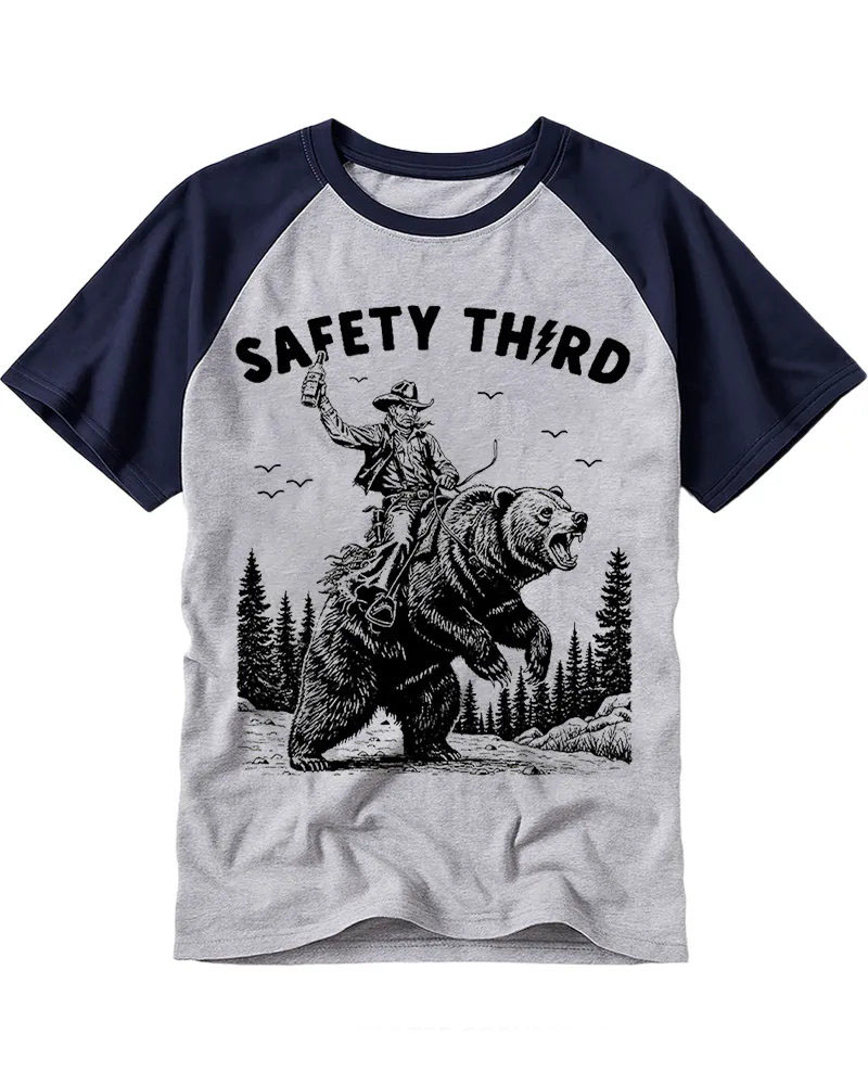 Vintage Funny Cowboy Riding Bear Graphic Cotton Raglan T-Shirt