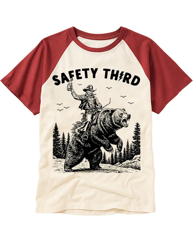 Vintage Funny Cowboy Riding Bear Graphic Cotton Raglan T-Shirt