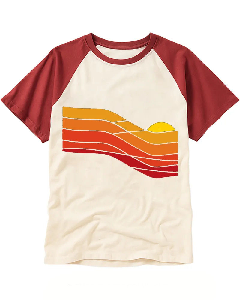 Vintage Orange Red Abstract Sunset Baseball Tee