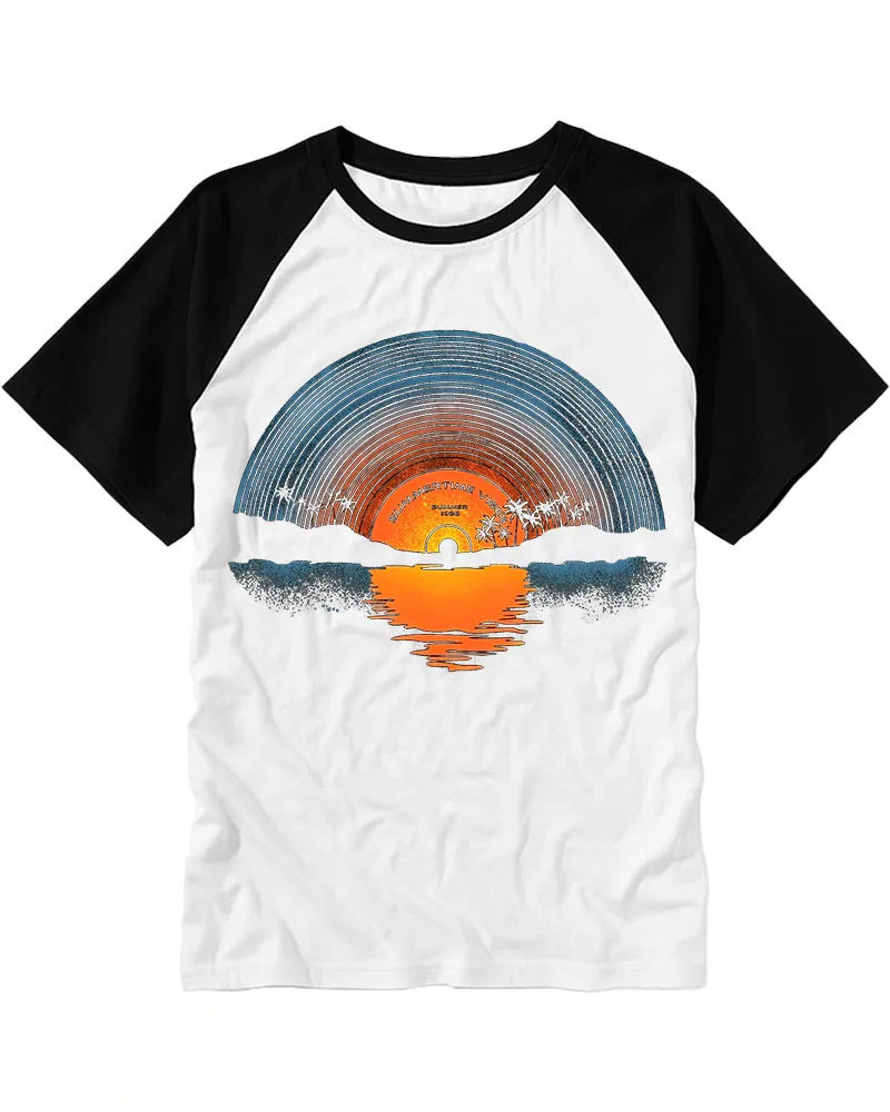 Vintage Retro LP Disc Seaside Sunset Print Raglan Tee