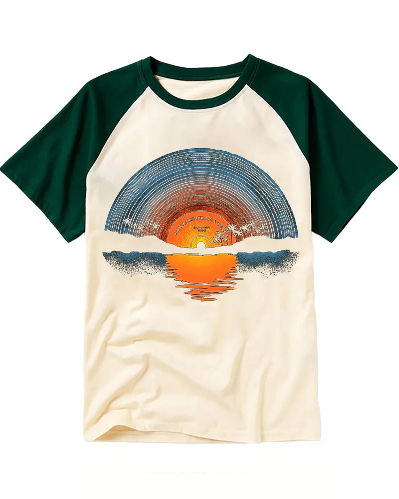 Vintage Retro LP Disc Seaside Sunset Print Raglan Tee