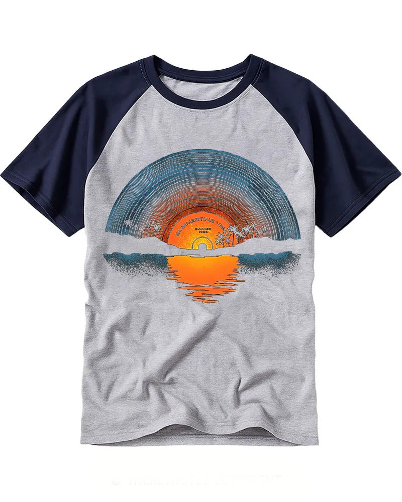 Vintage Retro LP Disc Seaside Sunset Print Raglan Tee