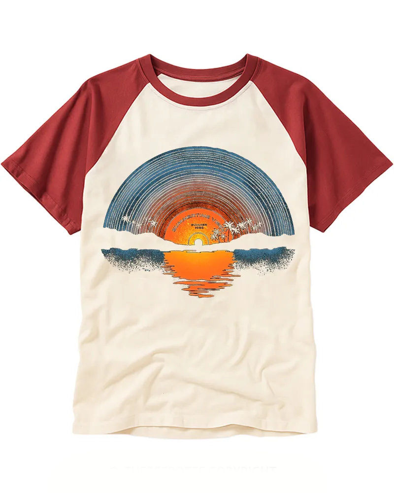 Vintage Retro LP Disc Seaside Sunset Print Raglan Tee