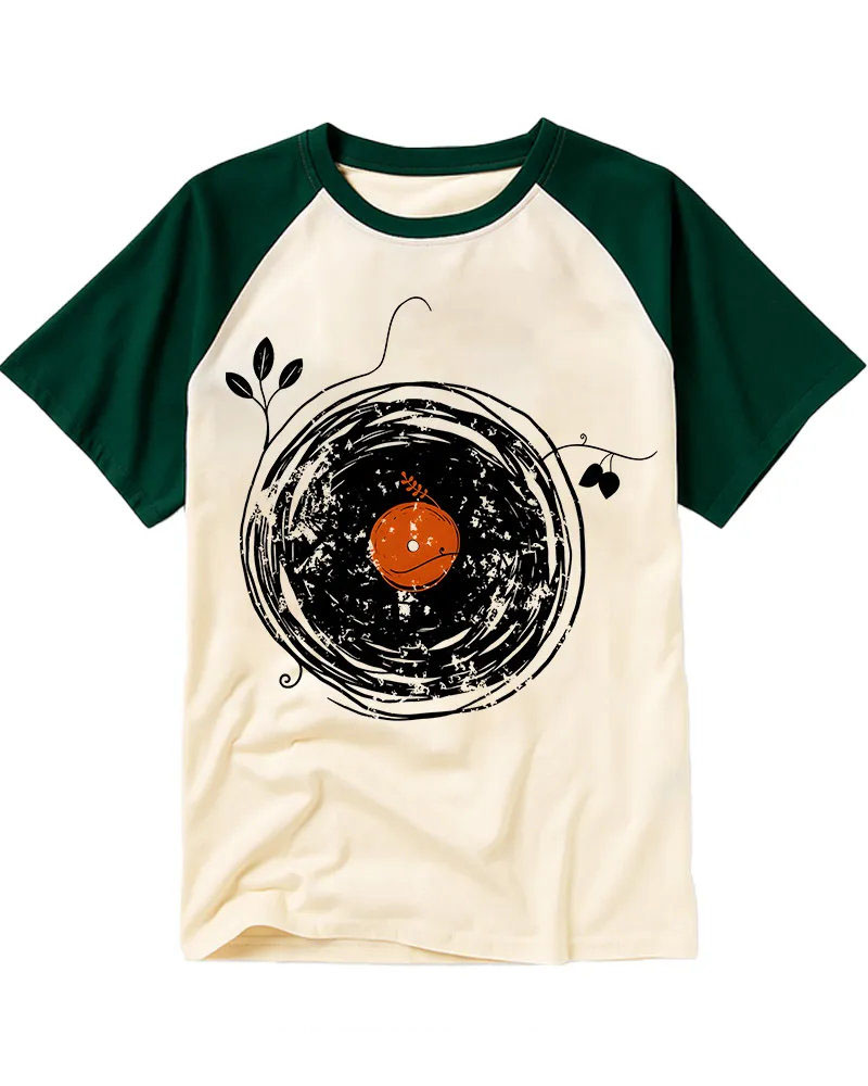 Retro Floral Vinyl Record Raglan Tee