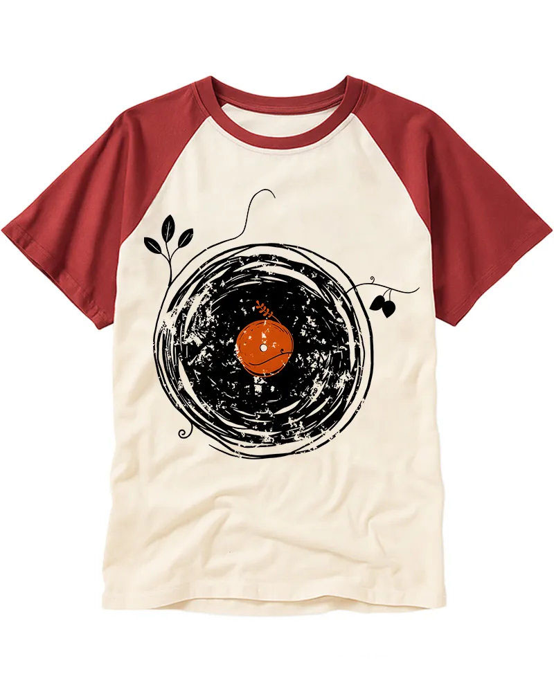 Retro Floral Vinyl Record Raglan Tee