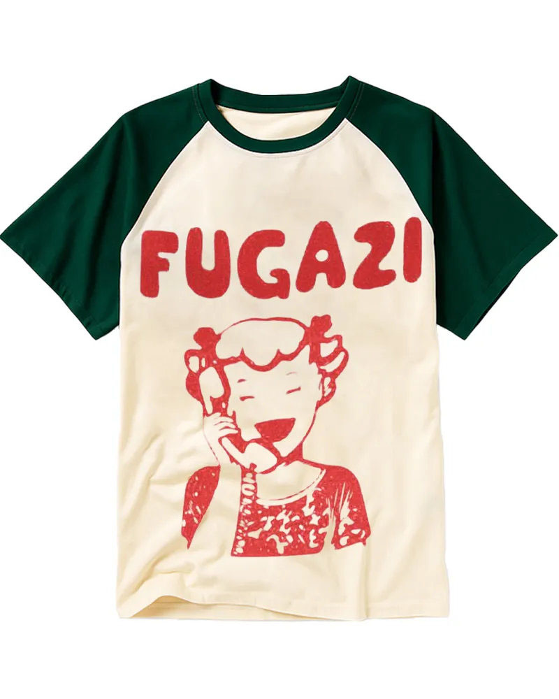 Retro Hand-Drawn Girl on Phone Cotton Raglan Shirt