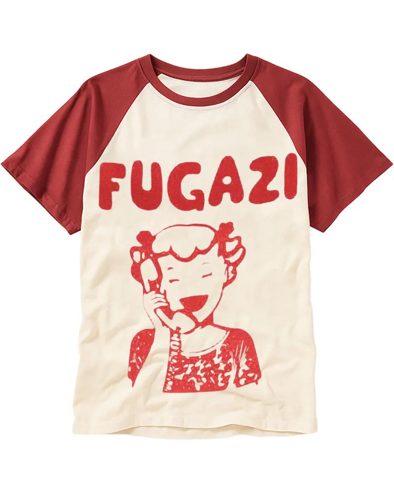 Retro Hand-Drawn Girl on Phone Cotton Raglan Shirt