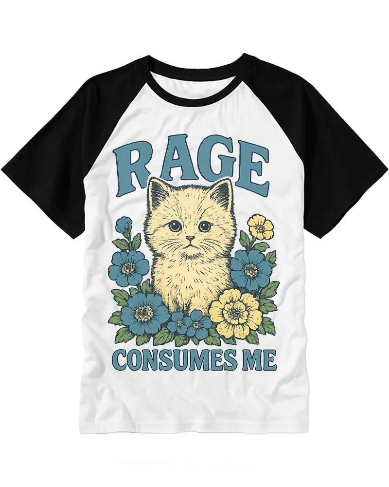 Retro Contrast Cat & Flowers Cotton Raglan T-Shirt