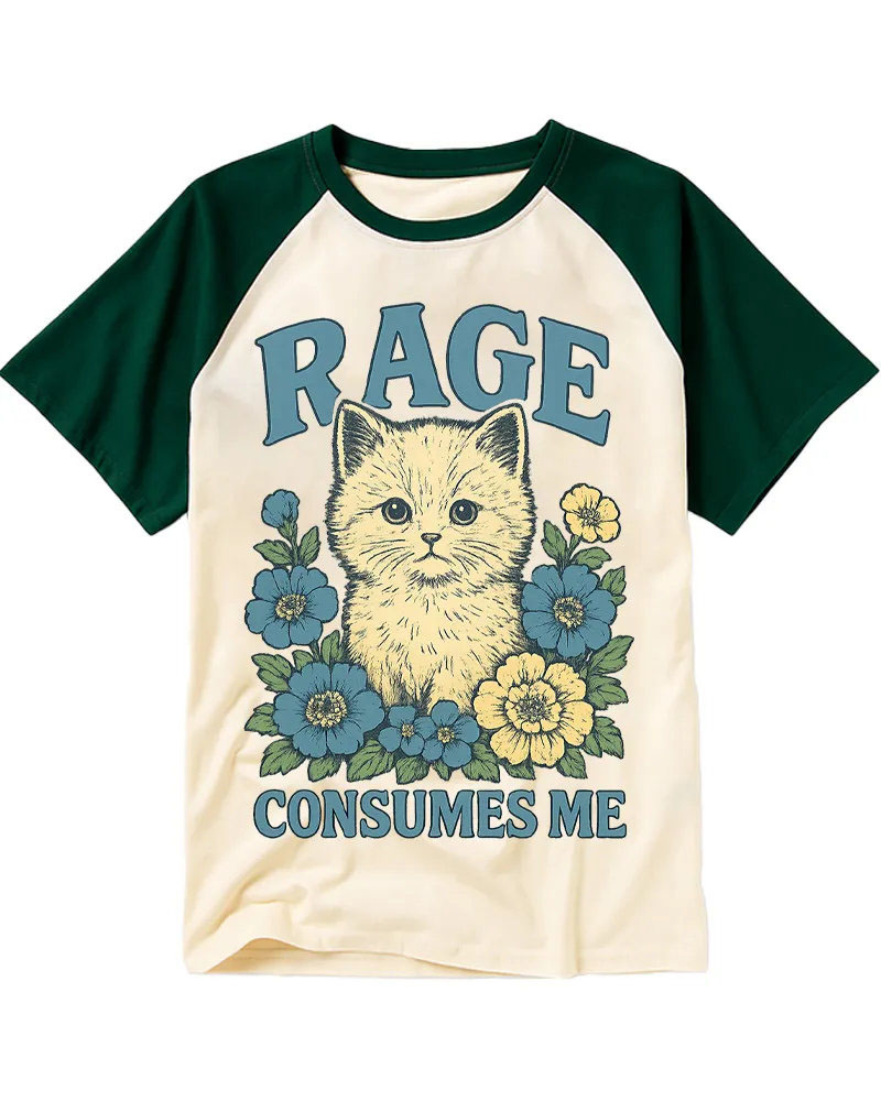 Retro Contrast Cat & Flowers Cotton Raglan T-Shirt