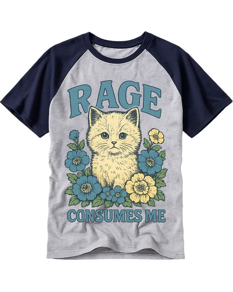 Retro Contrast Cat & Flowers Cotton Raglan T-Shirt