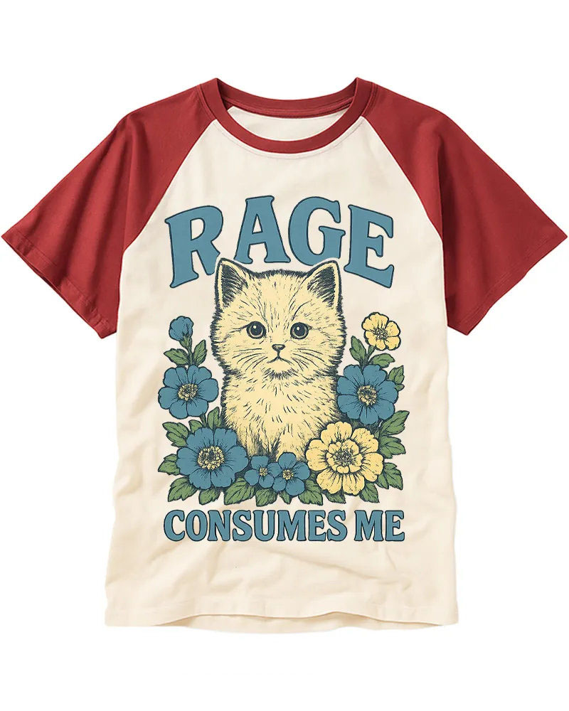 Retro Contrast Cat & Flowers Cotton Raglan T-Shirt