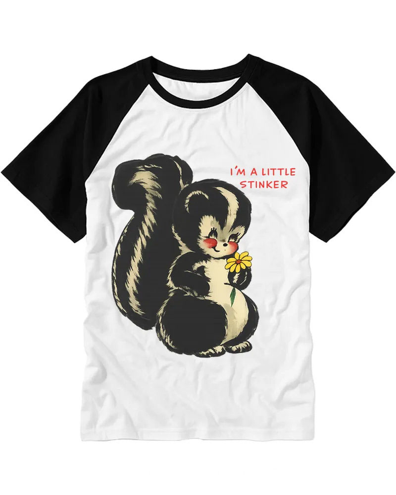 Whimsical Retro Skunk & Flower Raglan Tee