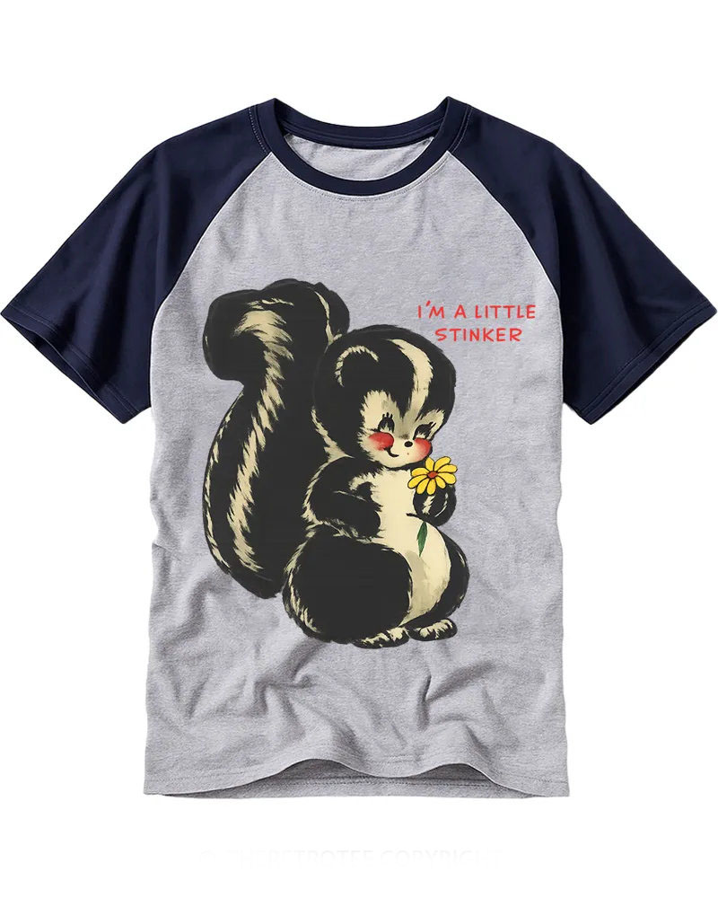 Whimsical Retro Skunk & Flower Raglan Tee