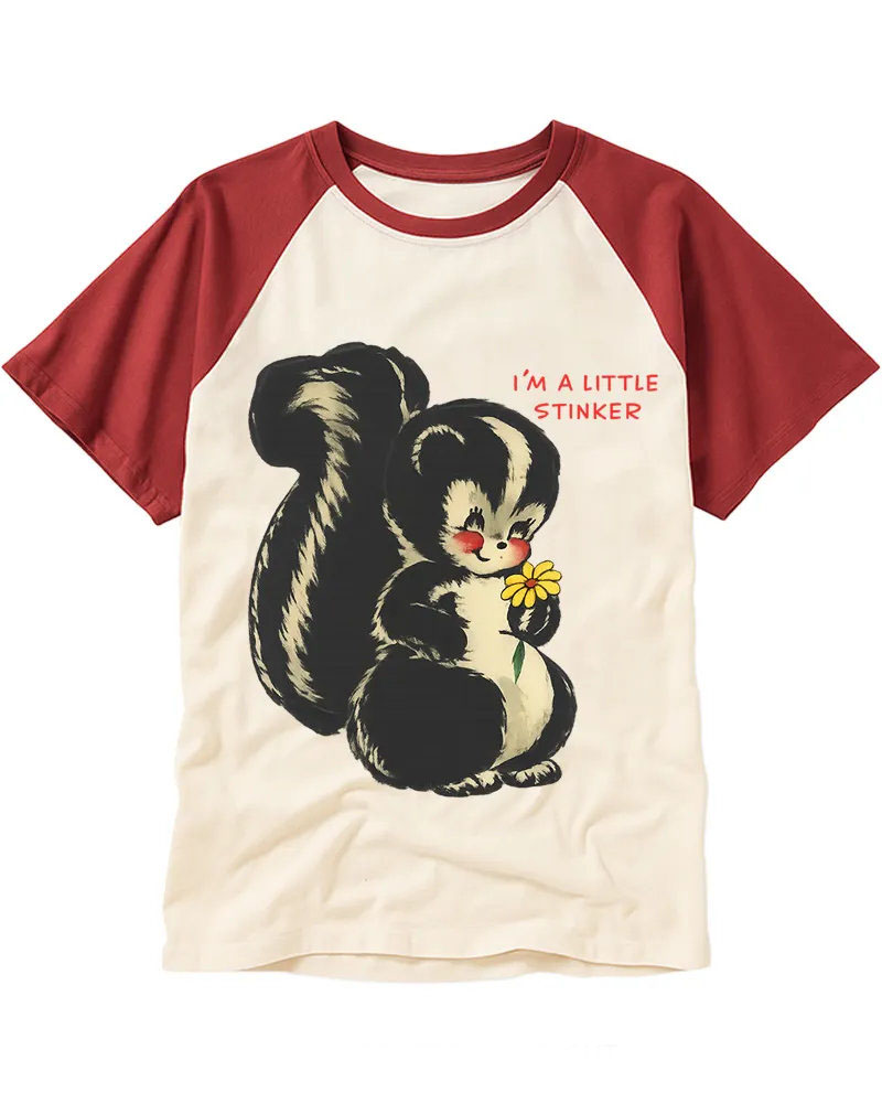 Whimsical Retro Skunk & Flower Raglan Tee