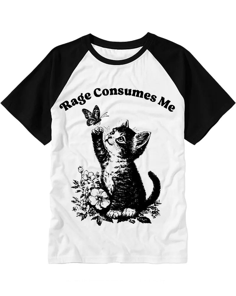 Vintage Black & White Floral Kitten Cotton Raglan Shirt