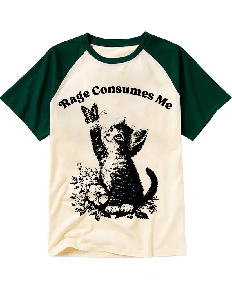 Vintage Black & White Floral Kitten Cotton Raglan Shirt