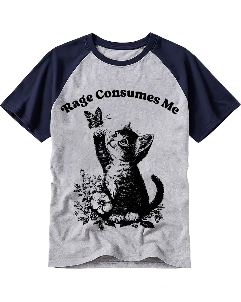Vintage Black & White Floral Kitten Cotton Raglan Shirt
