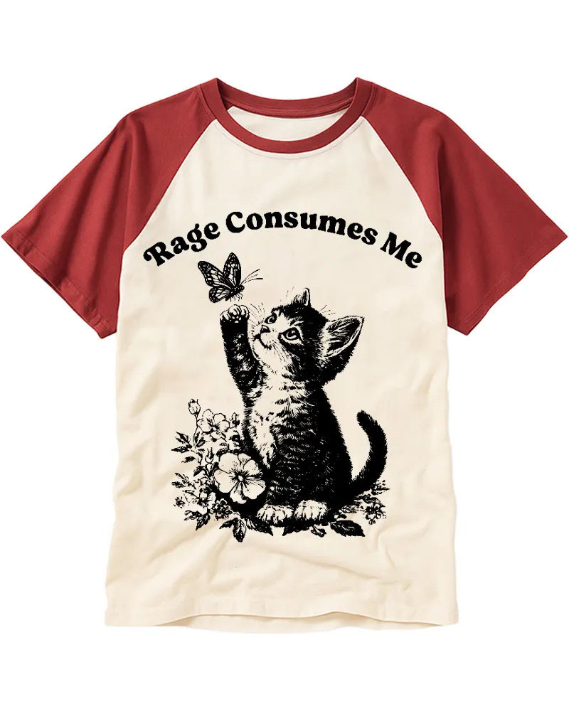 Vintage Black & White Floral Kitten Cotton Raglan Shirt