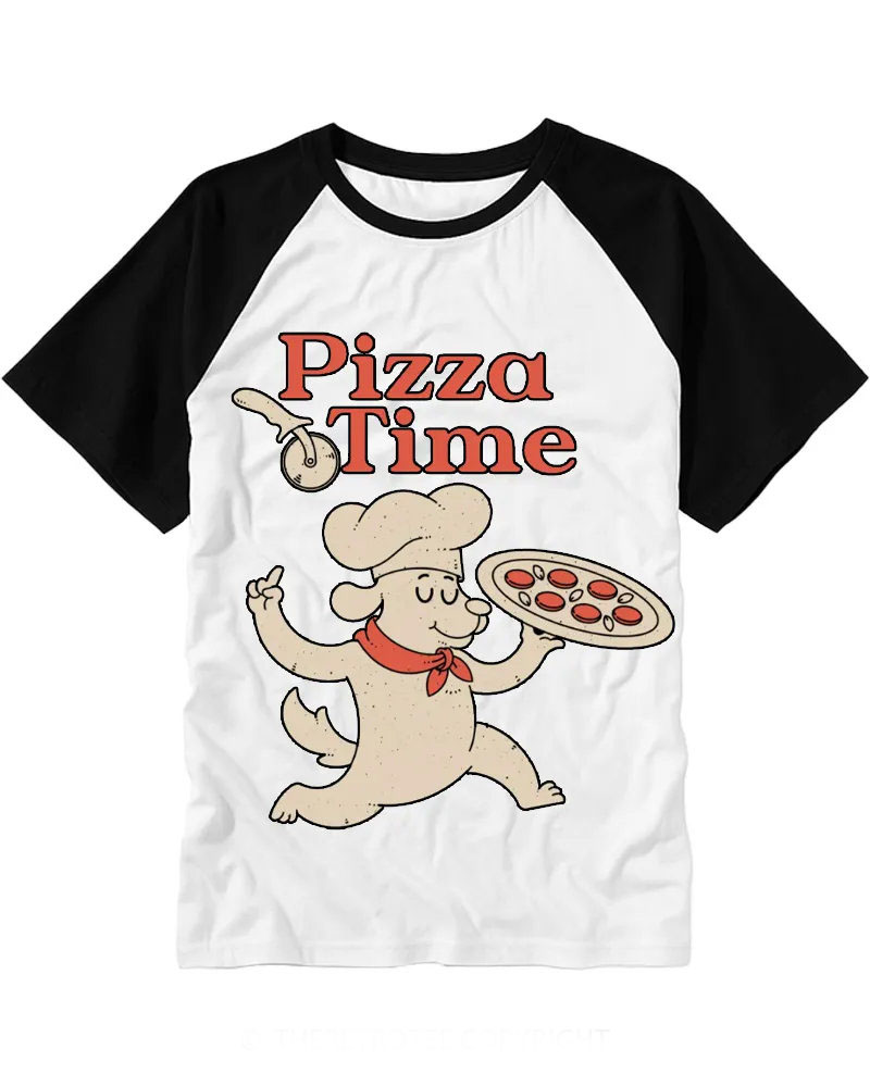 Cute Cartoon Puppy Pizza Time Retro Raglan Tee