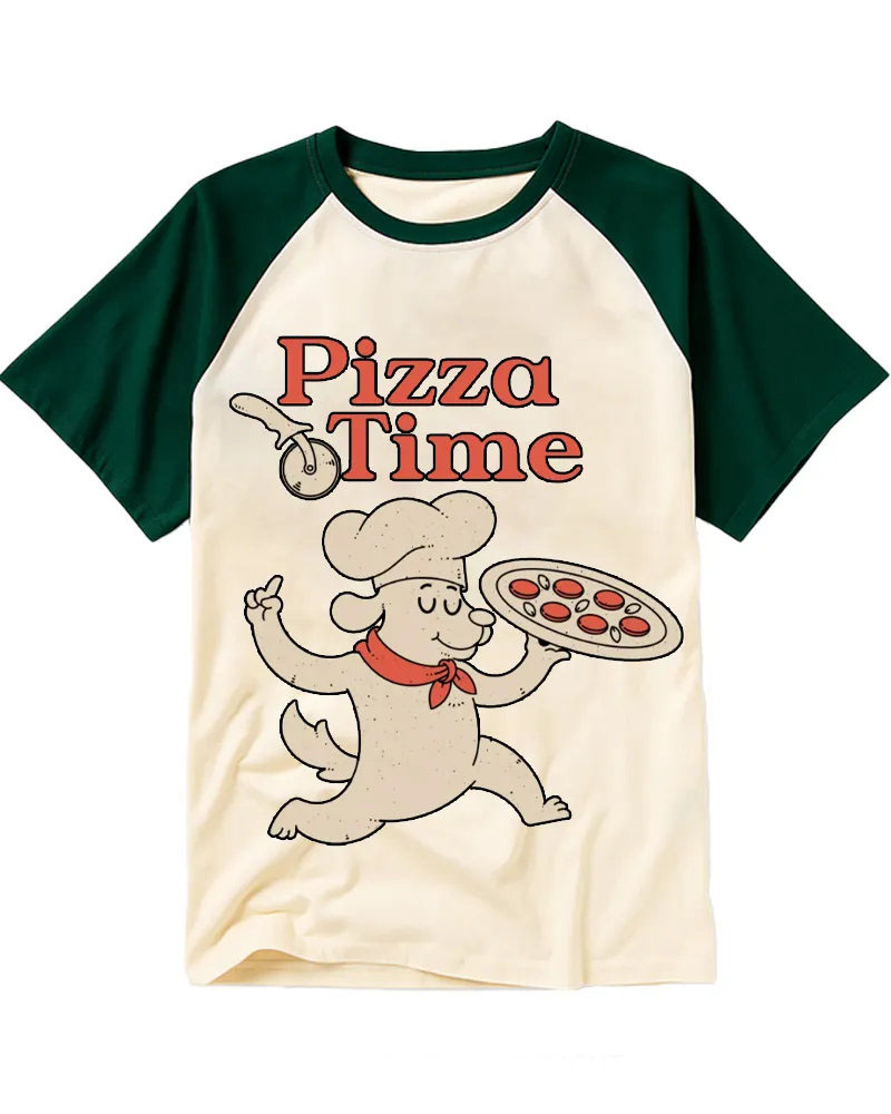 Cute Cartoon Puppy Pizza Time Retro Raglan Tee