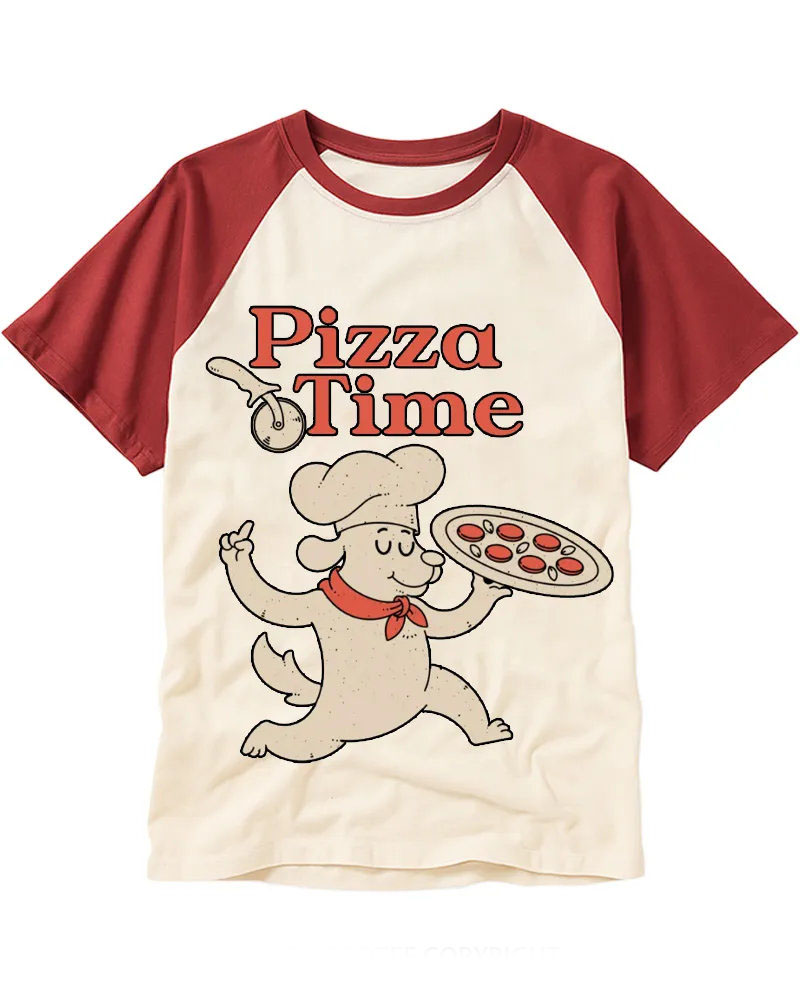 Cute Cartoon Puppy Pizza Time Retro Raglan Tee