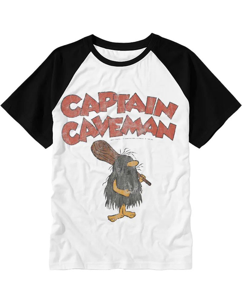 Vintage Retro Caveman Cartoon Graphic Cotton Raglan T-Shirt