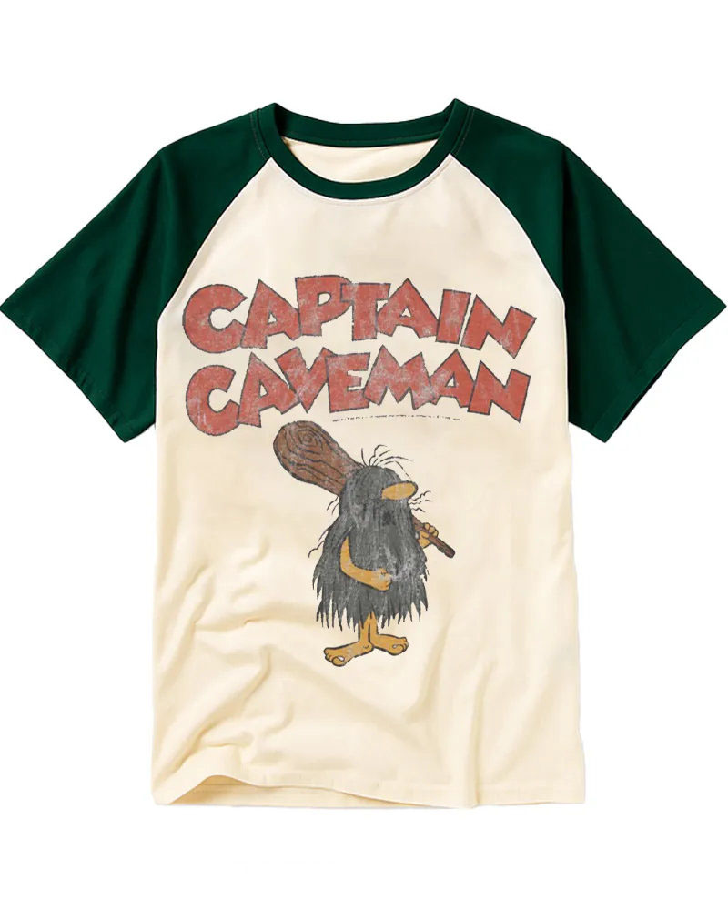 Vintage Retro Caveman Cartoon Graphic Cotton Raglan T-Shirt