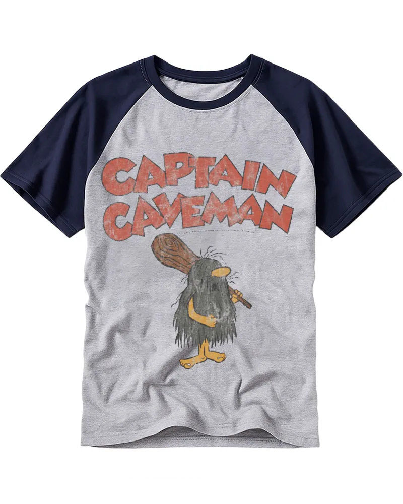 Vintage Retro Caveman Cartoon Graphic Cotton Raglan T-Shirt