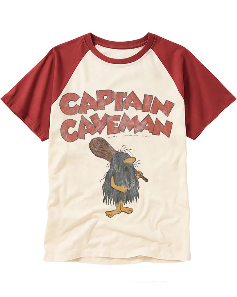 Vintage Retro Caveman Cartoon Graphic Cotton Raglan T-Shirt