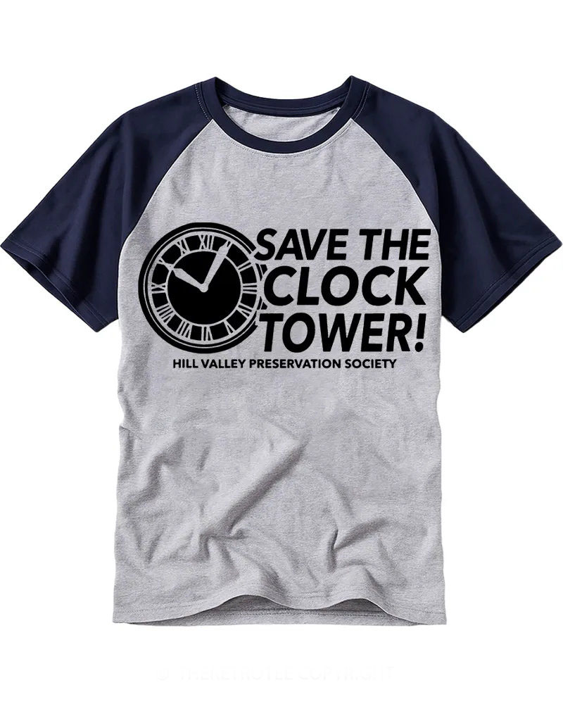 Vintage Sci-Fi "Save the Clock Tower" Cotton Raglan T-Shirt