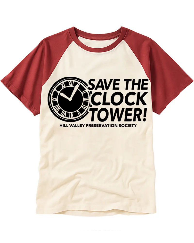 Vintage Sci-Fi "Save the Clock Tower" Cotton Raglan T-Shirt