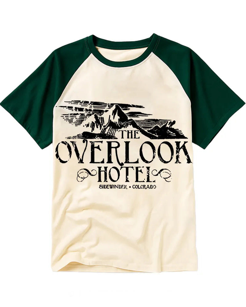 Distressed Black & White Mountain Hotel Raglan Tee