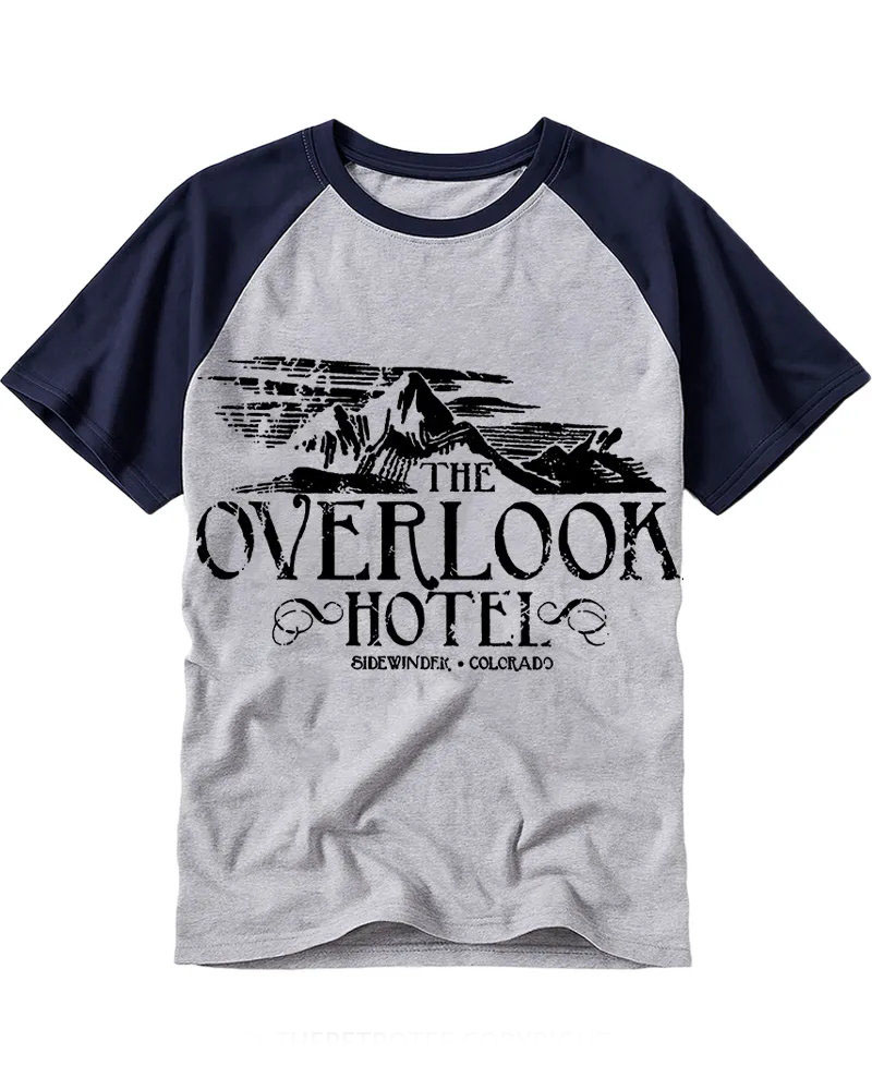 Distressed Black & White Mountain Hotel Raglan Tee