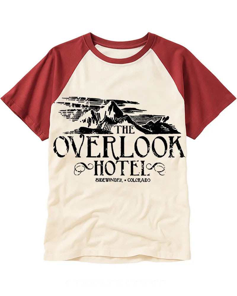 Distressed Black & White Mountain Hotel Raglan Tee
