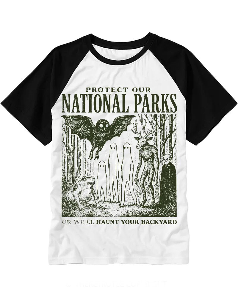 Retro Forest Cryptids "Protect Our Parks" Cotton Baseball Tee