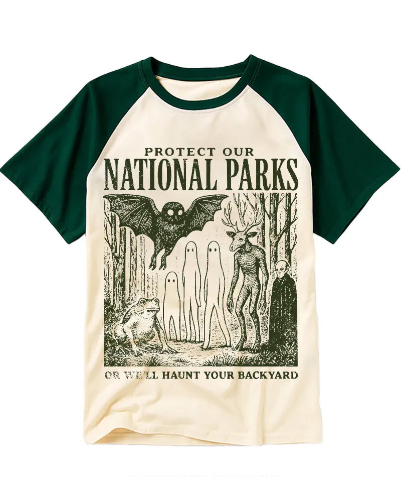 Retro Forest Cryptids "Protect Our Parks" Cotton Baseball Tee