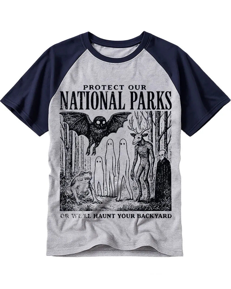 Retro Forest Cryptids "Protect Our Parks" Cotton Baseball Tee