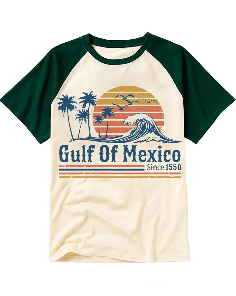 Vintage Tropical Sunset Beach Cotton Raglan T-Shirt